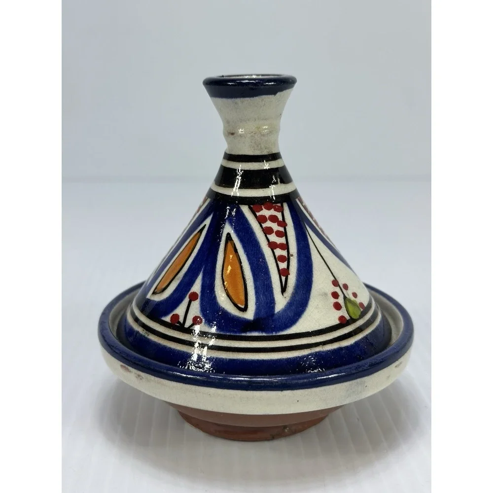 Vintage Small Moroccan Terracotta Tagine Pot Hand Painted Glazed Morocco Signed